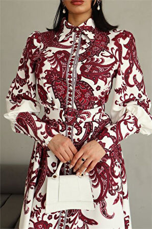 Dipmoda kadın kemerli uzun desenli gömlek elbise DPMS4220