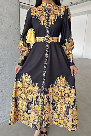 Dipmoda kadın siyah kemerli tasarım elbise DPMS4277