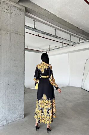 Dipmoda kadın siyah kemerli tasarım elbise DPMS4277