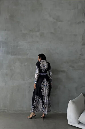 Dipmoda kadın siyah atlas kumaş desenli elbise DPMS42131