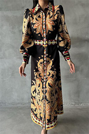 Dipmoda kadın siyah kemerli uzun elbise DPMS2395