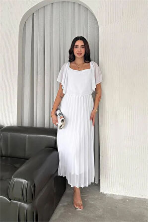 Dipmoda kadın beyaz pileli midi boy şifon elbise DPK4102