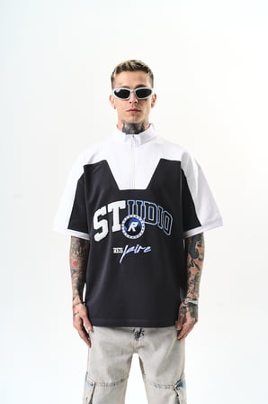Erkek Studio Nakışlı Yarım Fermuarlı Oversize T-Shirt Füme