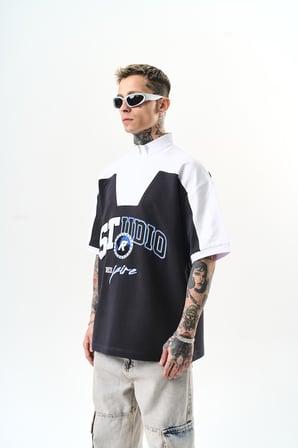 Erkek Studio Nakışlı Yarım Fermuarlı Oversize T-Shirt Füme