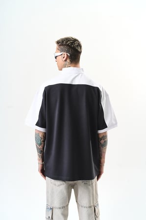 Erkek Studio Nakışlı Yarım Fermuarlı Oversize T-Shirt Füme