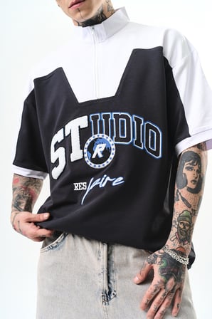 Erkek Studio Nakışlı Yarım Fermuarlı Oversize T-Shirt Füme