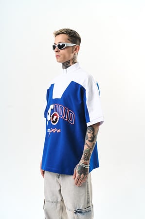 Erkek Studio Nakışlı Yarım Fermuarlı Oversize T-Shirt Saks