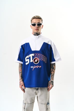 Erkek Studio Nakışlı Yarım Fermuarlı Oversize T-Shirt Saks