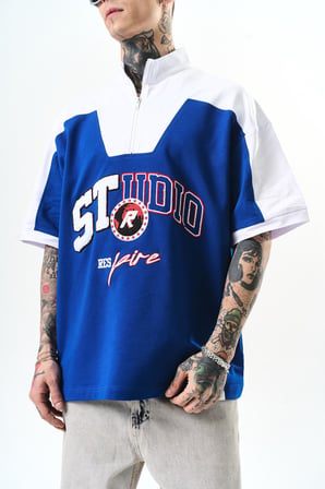 Erkek Studio Nakışlı Yarım Fermuarlı Oversize T-Shirt Saks