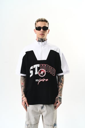 Erkek Studio Nakışlı Yarım Fermuarlı Oversize T-Shirt Siyah