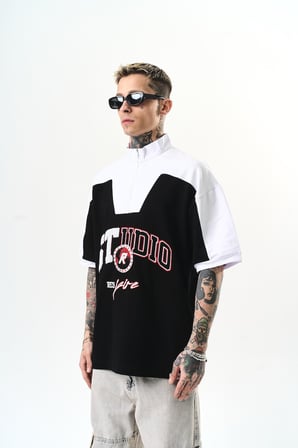 Erkek Studio Nakışlı Yarım Fermuarlı Oversize T-Shirt Siyah