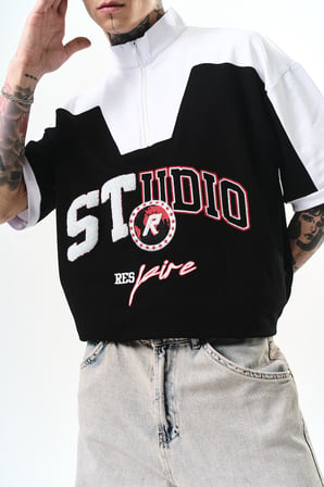 Erkek Studio Nakışlı Yarım Fermuarlı Oversize T-Shirt Siyah