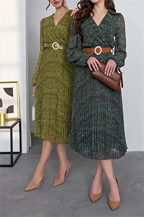 Kemer Detaylı Puantiye Desenli Şifon Elbise NBMY3286