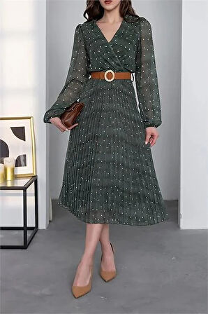 Kemer Detaylı Puantiye Desenli Şifon Elbise NBMY3286