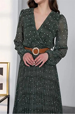 Kemer Detaylı Puantiye Desenli Şifon Elbise NBMY3286