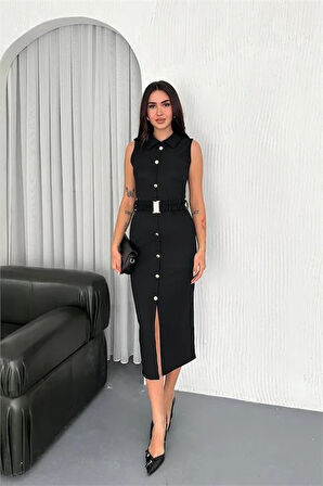 Düğme detaylı Kemerli gömlek elbise DPK4195