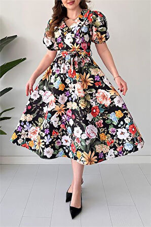 Kuşaklı poplin kumaş Çiçek desenli elbise DPMY3467