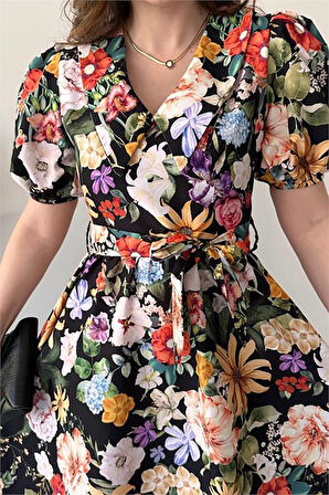 Kuşaklı poplin kumaş Çiçek desenli elbise DPMY3467
