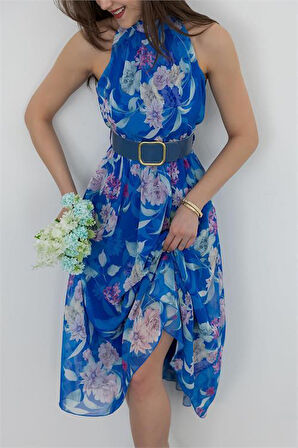 Kemer Detaylı Özel Desenli midi boy şifon elbise DPMY3432