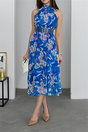 Kemer Detaylı Özel Desenli midi boy şifon elbise DPMY3432