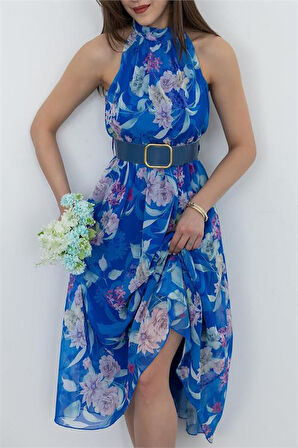 Kemer Detaylı Özel Desenli midi boy şifon elbise DPMY3432