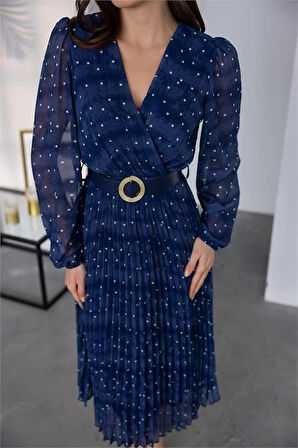 Kemer Detaylı Puantiye Desenli Şifon Elbise NBMY3286