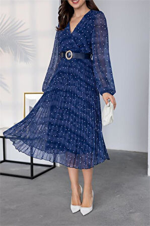 Kemer Detaylı Puantiye Desenli Şifon Elbise NBMY3286