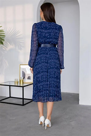 Kemer Detaylı Puantiye Desenli Şifon Elbise NBMY3286