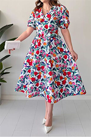 Kuşaklı poplin kumaş Çiçek desenli elbise DPMY3467