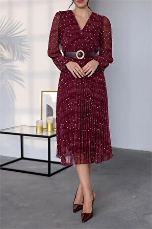 Kemer Detaylı Puantiye Desenli Şifon Elbise NBMY3286