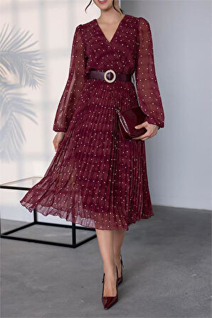 Kemer Detaylı Puantiye Desenli Şifon Elbise NBMY3286