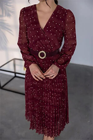 Kemer Detaylı Puantiye Desenli Şifon Elbise NBMY3286