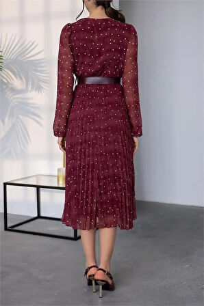 Kemer Detaylı Puantiye Desenli Şifon Elbise NBMY3286