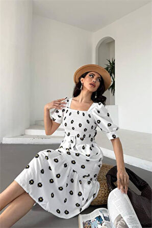 Kemerli kare yaka çiçek Desenli midi boy Özel Tasarım elbise DPKS4104