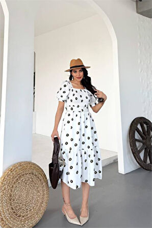 Kemerli kare yaka çiçek Desenli midi boy Özel Tasarım elbise DPKS4104