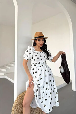 Kemerli kare yaka çiçek Desenli midi boy Özel Tasarım elbise DPKS4104