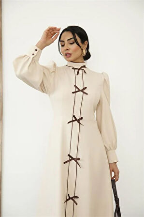 Kadın Özel Tasarım atlas kumaş fiyonk detaylı uzun elbise DPMS2515