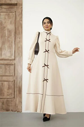 Kadın Özel Tasarım atlas kumaş fiyonk detaylı uzun elbise DPMS2515