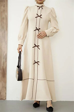 Kadın Özel Tasarım atlas kumaş fiyonk detaylı uzun elbise DPMS2515