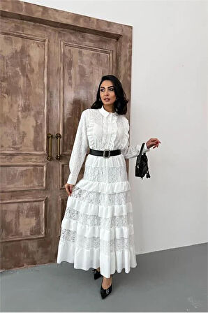 Kadın beyaz kemerli özel tasarım dantel detaylı elbise DPMS2547