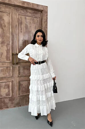 Kadın beyaz kemerli özel tasarım dantel detaylı elbise DPMS2547