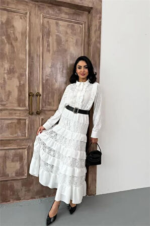 Kadın beyaz kemerli özel tasarım dantel detaylı elbise DPMS2547