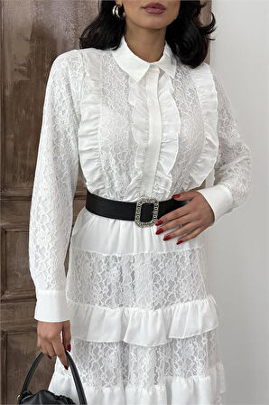 Kadın beyaz kemerli özel tasarım dantel detaylı elbise DPMS2547