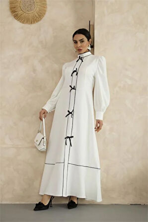 Kadın Özel Tasarım atlas kumaş fiyonk detaylı uzun elbise DPMS2515