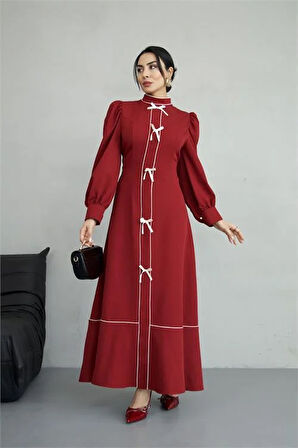 Kadın Özel Tasarım atlas kumaş fiyonk detaylı uzun elbise DPMS2515