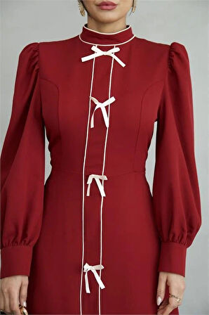 Kadın Özel Tasarım atlas kumaş fiyonk detaylı uzun elbise DPMS2515