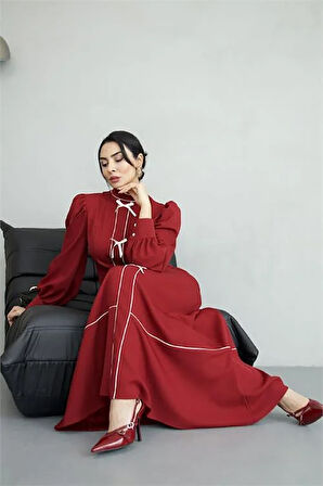 Kadın Özel Tasarım atlas kumaş fiyonk detaylı uzun elbise DPMS2515