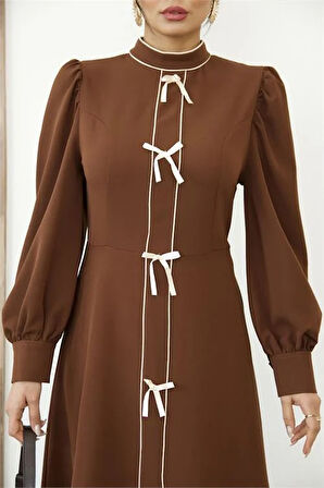 Kadın Özel Tasarım atlas kumaş fiyonk detaylı uzun elbise DPMS2515