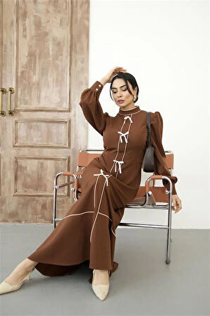 Kadın Özel Tasarım atlas kumaş fiyonk detaylı uzun elbise DPMS2515