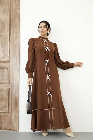 Kadın Özel Tasarım atlas kumaş fiyonk detaylı uzun elbise DPMS2515